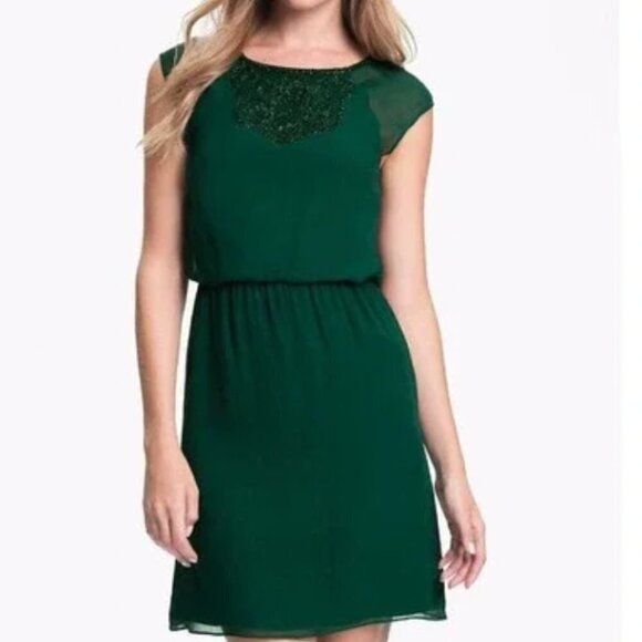 Trina Turk Green Silk Beaded Countess Blouson Mini Dress Size 6 - Picture 1 of 11